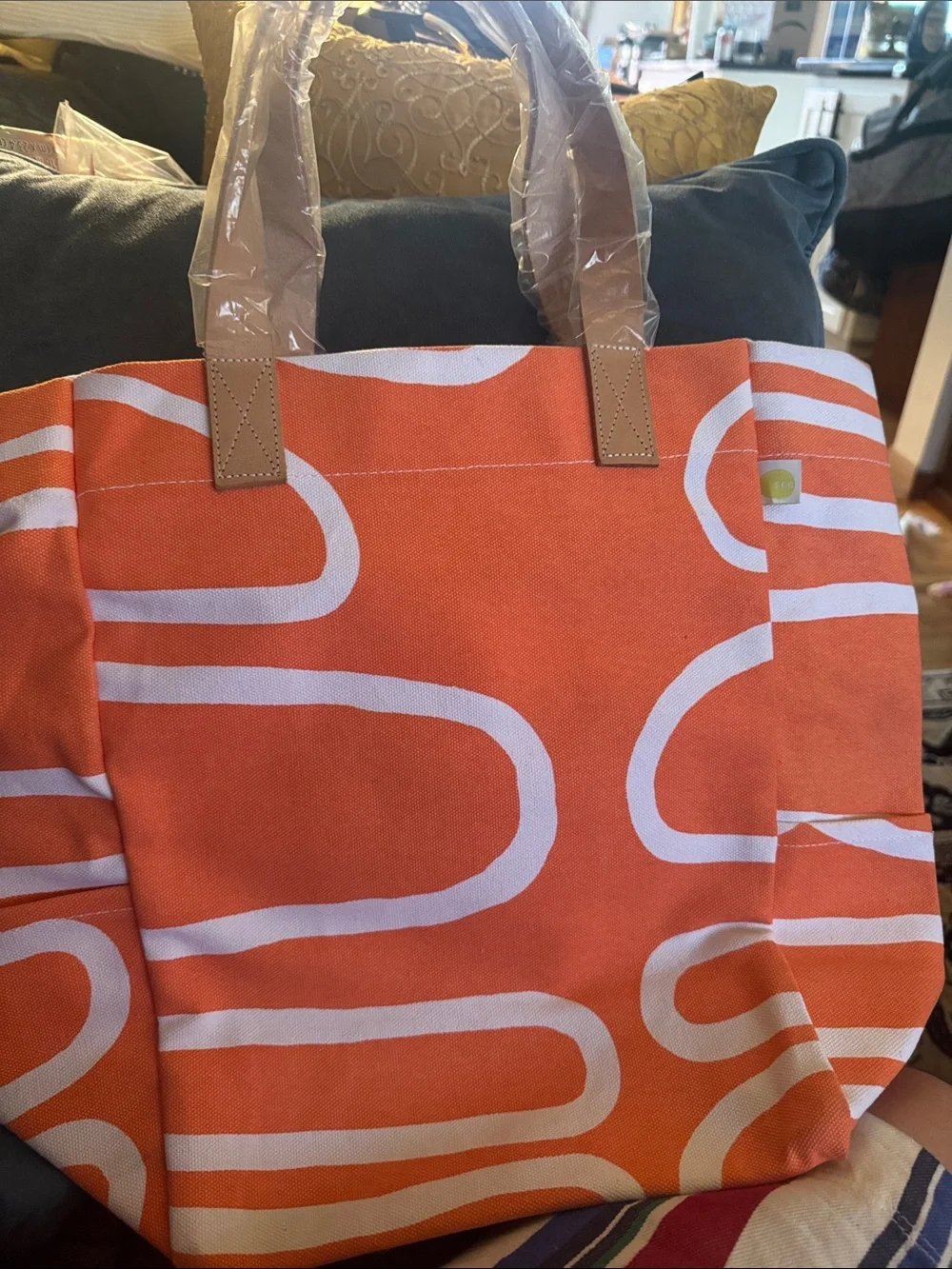 Orange Canvas Tote with White Abstract Loop Pattern and Tan Handles